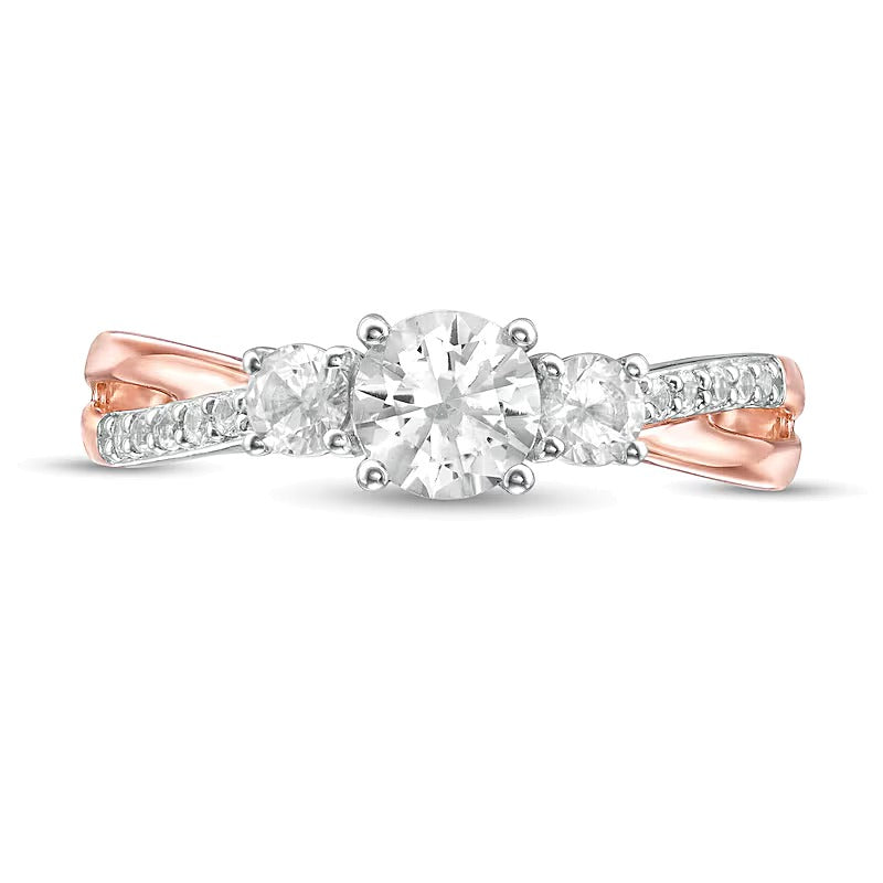 Dreistein-Ring mit im Labor gezüchtetem weißem Saphir in 10K Roségold