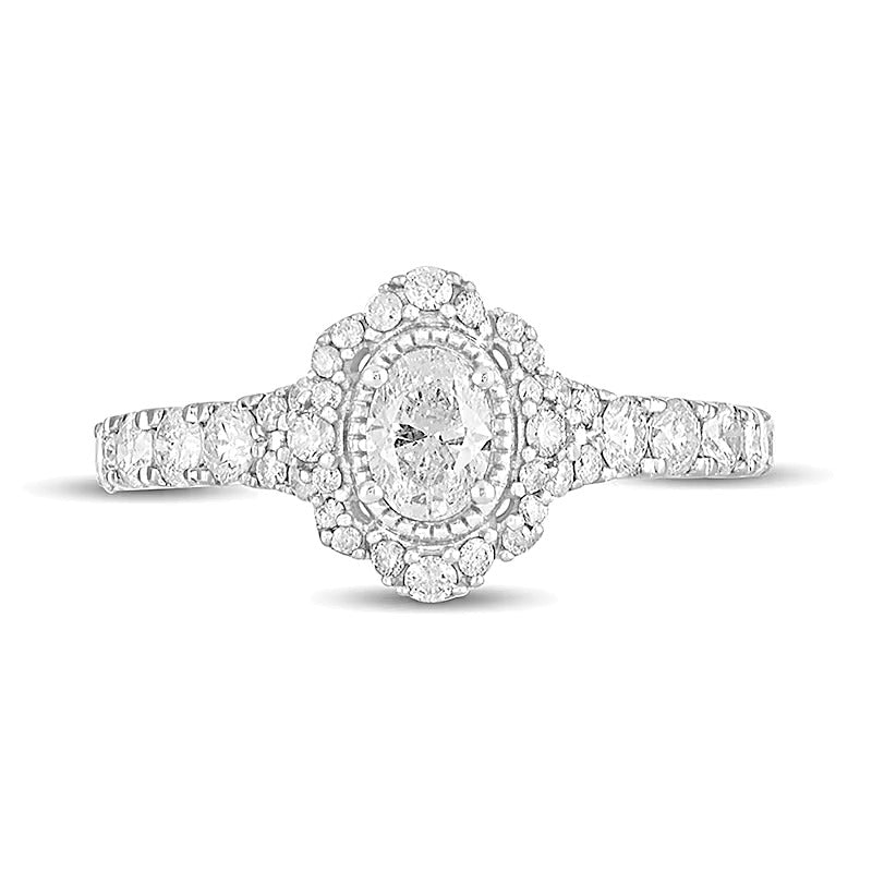 Halo-Verlobungsring mit ovalem Diamant im Vintage-Stil, 1.0 ct. Gesamtgewicht, in 14K Weißgold