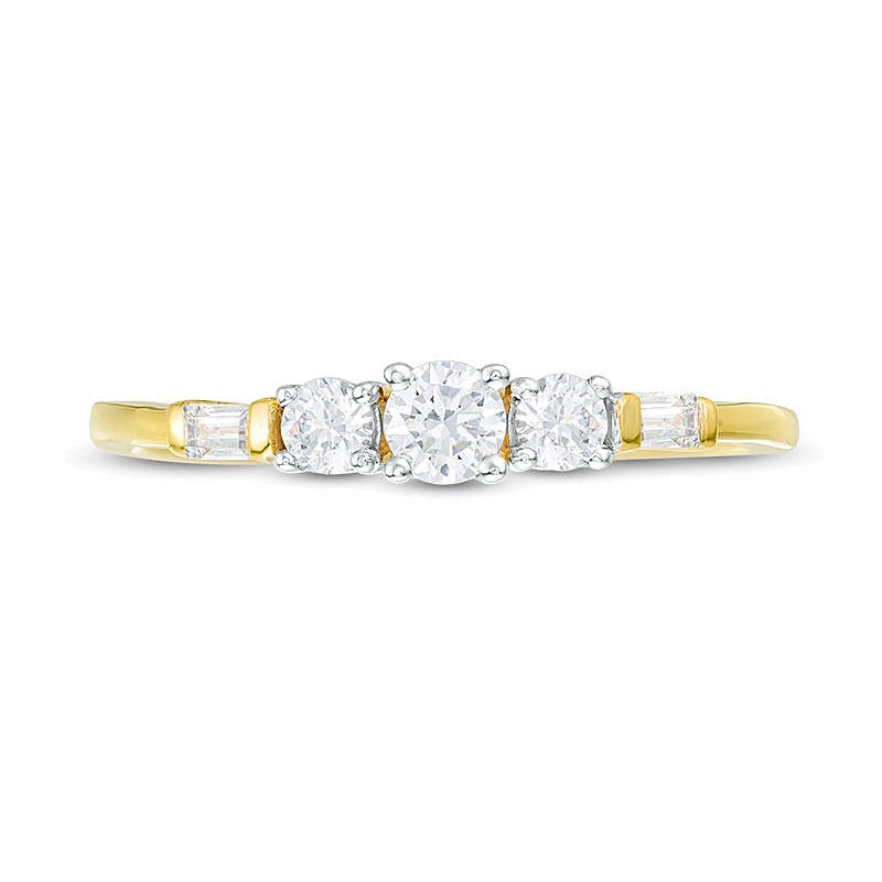 Dreistein-Verlobungsring mit Diamanten 0,33 ct. Gesamtgewicht in 10K Gelbgold