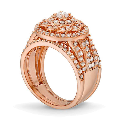 Brautset mit Diamanten im Blumen-Design im keltischen Stil, 1.5 ct. Gesamtgewicht, in 10K Roségold
