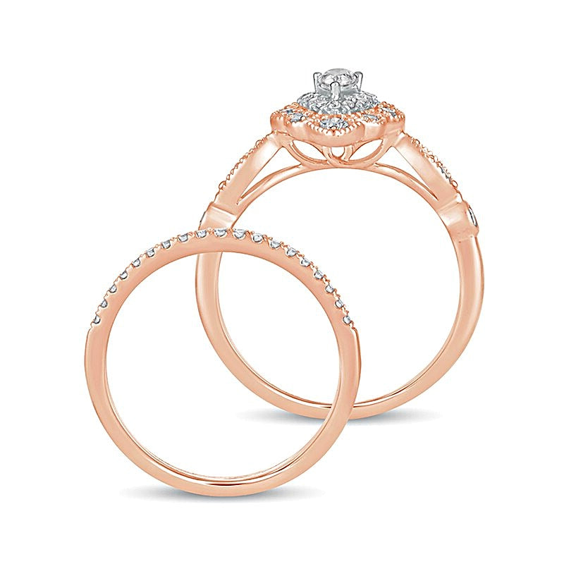 0,63 ct. Gesamtgewicht Brautset mit tropfenförmigem Diamant im Vintage-Stil mit doppeltem Blütenrahmen in 10K Roségold