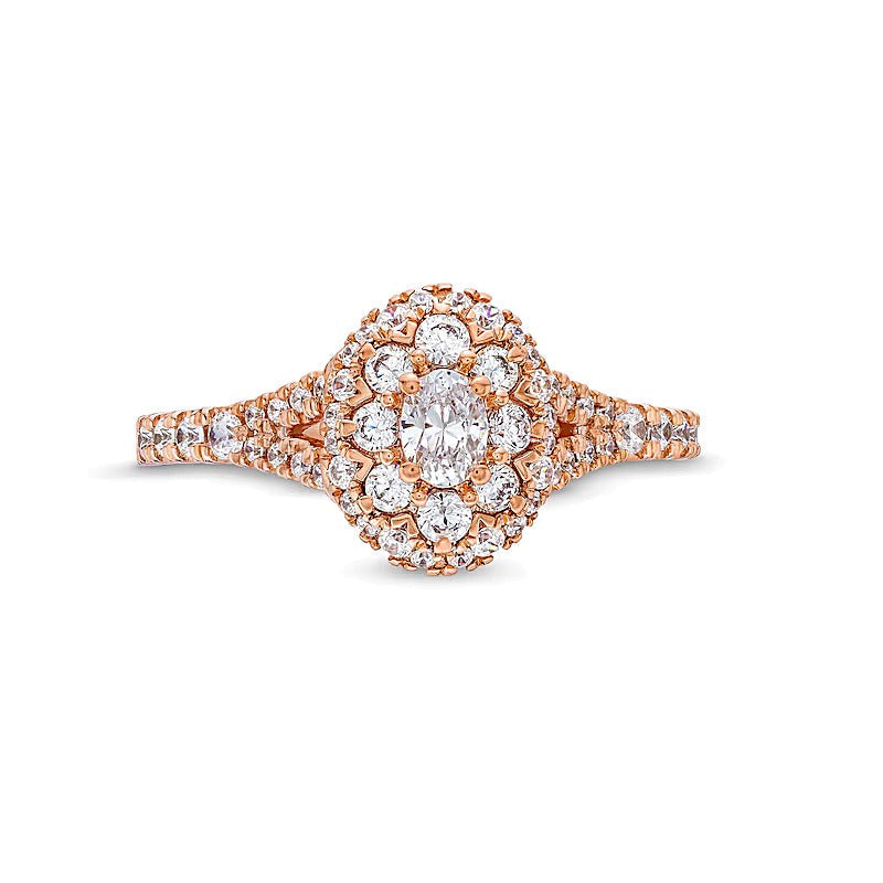 0.75 ct. Gesamtgewicht Verlobungsring mit ovalen und runden Diamanten und Split-Shank in 10K Roségold