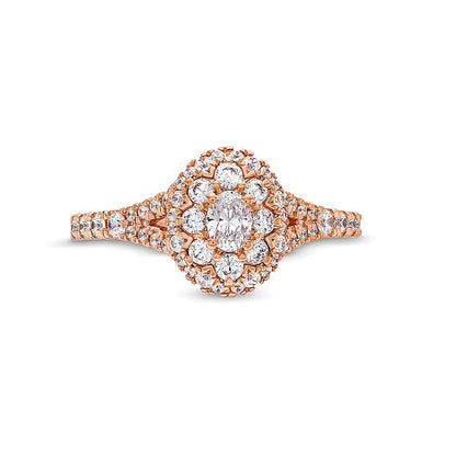 0.75 ct. Gesamtgewicht Verlobungsring mit ovalen und runden Diamanten und Split-Shank in 10K Roségold