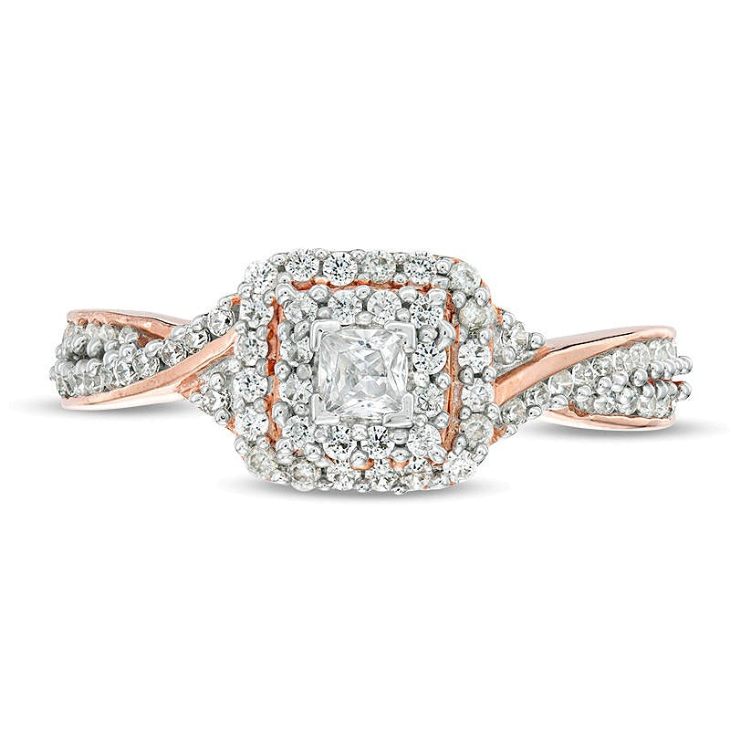 0.33 ct. Gesamtgewicht Halo-Verlobungsring mit Diamanten im Princess- und Rundschliff in 10K Roségold