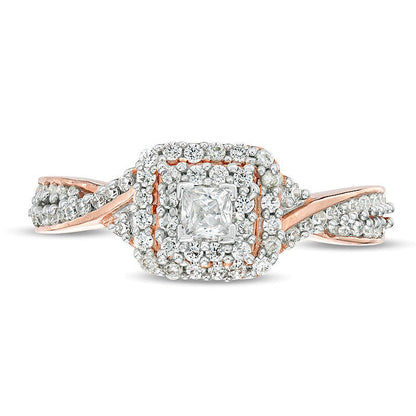 0.33 ct. Gesamtgewicht Halo-Verlobungsring mit Diamanten im Princess- und Rundschliff in 10K Roségold