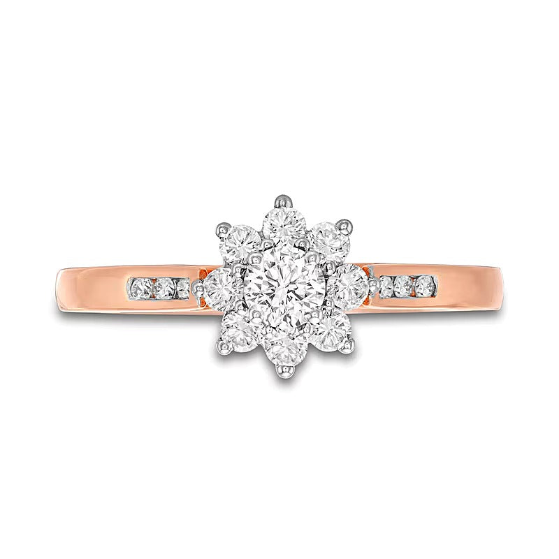 0.5 CT. Gesamtgewicht Diamant Sunburst Verlobungsring mit kanalgefasster Schiene in 10K Roségold (J/I3)