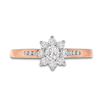 0.5 CT. Gesamtgewicht Diamant Sunburst Verlobungsring mit kanalgefasster Schiene in 10K Roségold (J/I3)