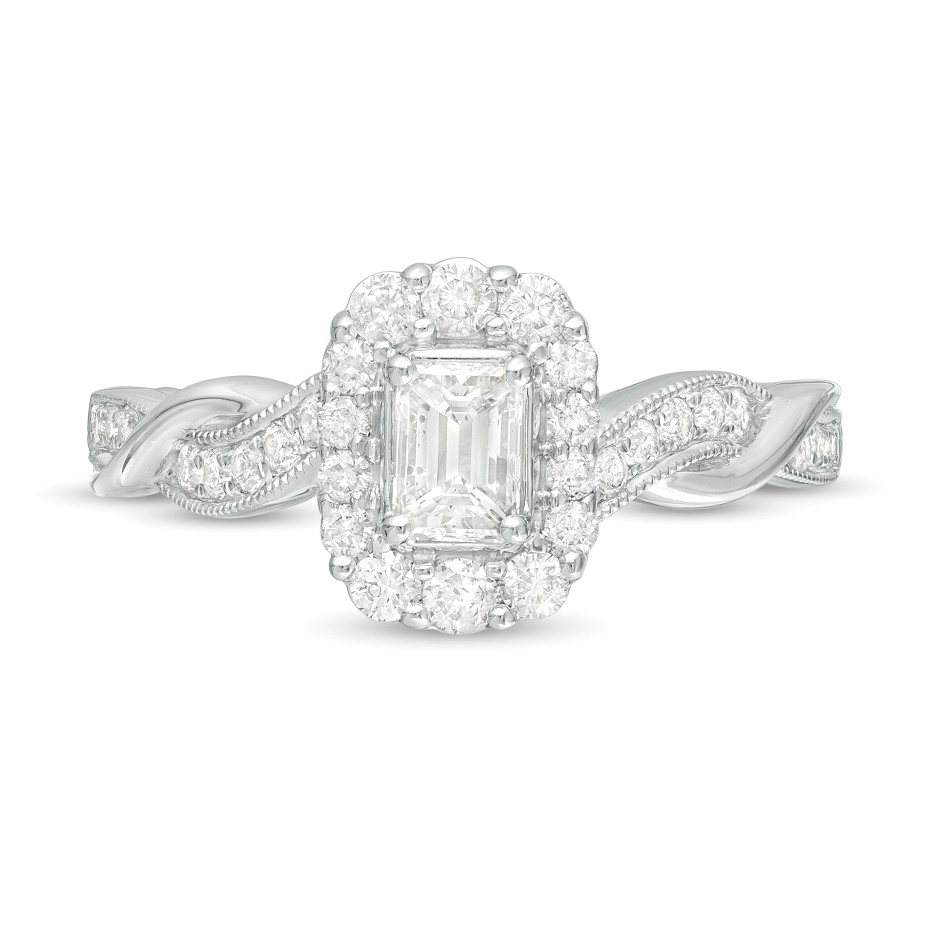 Verlobungsring im Vintage-Stil mit Diamanten im Smaragdschliff 0.75 ct. Gesamtgewicht, Halo, in 10K Weißgold