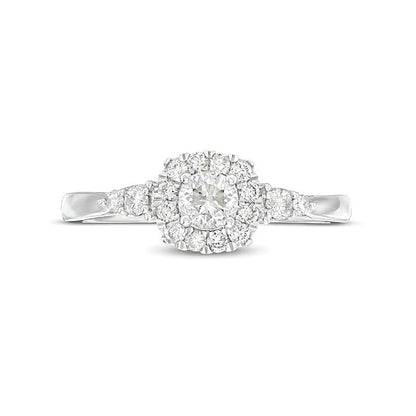 0.5 ct. Gesamtgewicht Diamant-Verlobungsring mit Halo, Kissenschliff und Blattmotiv-Seiten in 10K Weißgold (J/I3)