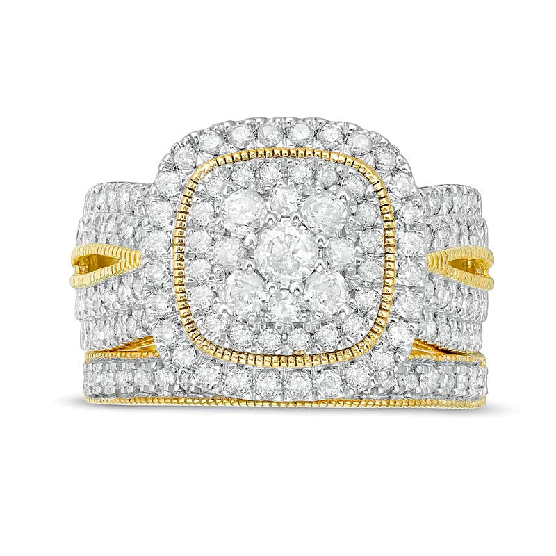 1,33 ct. Gesamtgewicht Diamant-Brautset im Vintage-Stil mit Kissenschliff-Rahmen in 10K Gelbgold