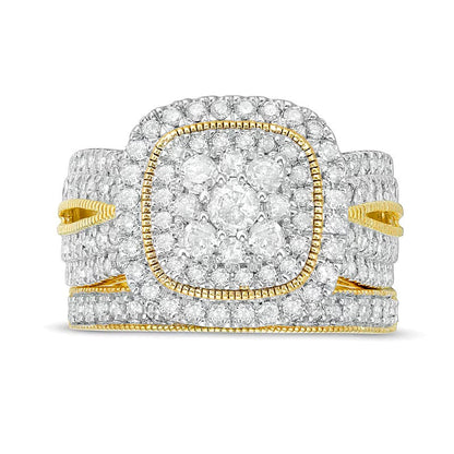 1,33 ct. Gesamtgewicht Diamant-Brautset im Vintage-Stil mit Kissenschliff-Rahmen in 10K Gelbgold