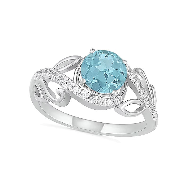 7,0 mm Aquamarin und 0,38 ct. Gesamtgewicht Diamant Bypass Brautset mit Blattdesign-Ringschiene in 10K Weißgold