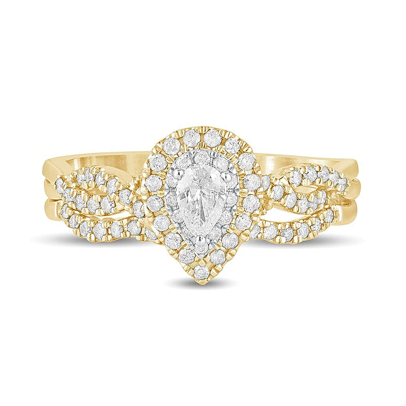 0.5 ct. Gesamtgewicht Braut-Set mit tropfenförmigen Diamanten, mehrreihig, doppelter Halo, in 10K Gelbgold