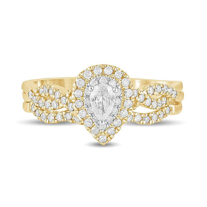 0.5 ct. Gesamtgewicht Braut-Set mit tropfenförmigen Diamanten, mehrreihig, doppelter Halo, in 10K Gelbgold