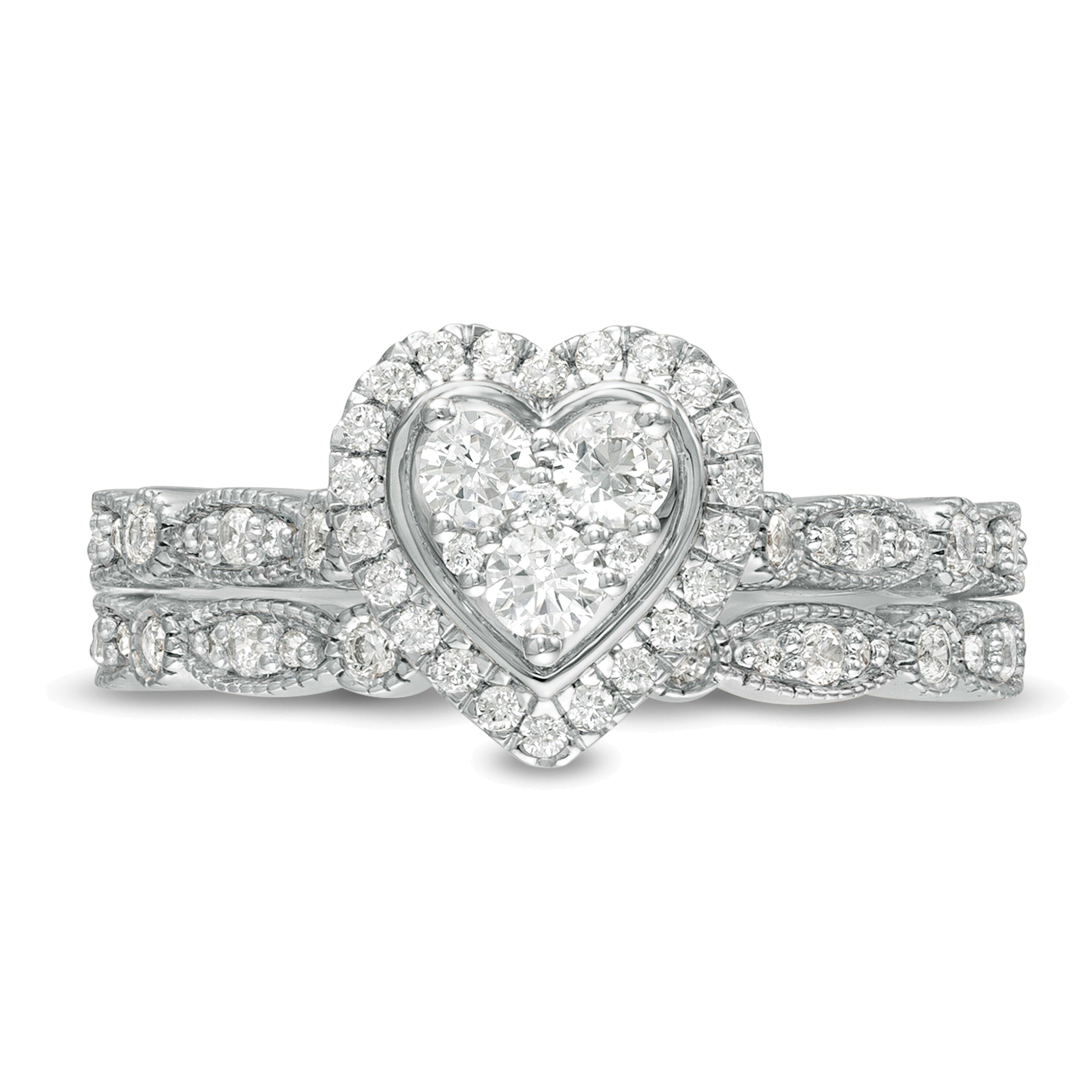 Brautset mit Diamanten 0.5 ct. Gesamtgewicht in Herz-, rund- und Marquise-Schliff, Vintage-Stil, 10K Weißgold