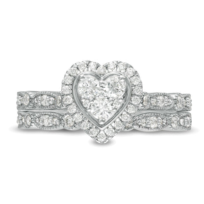 Brautset mit Diamanten 0.5 ct. Gesamtgewicht in Herz-, rund- und Marquise-Schliff, Vintage-Stil, 10K Weißgold