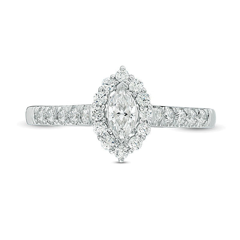 0,63 ct. Gesamtgewicht Verlobungsring mit Diamanten im Marquise- und Rundschliff und Halo in 14K Weißgold