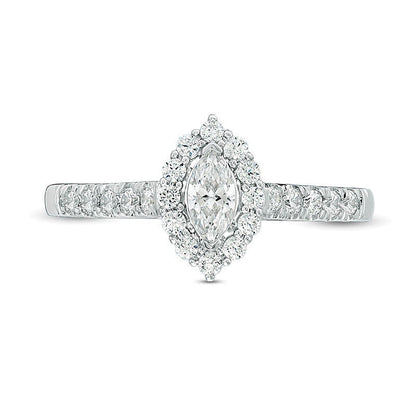 0,63 ct. Gesamtgewicht Verlobungsring mit Diamanten im Marquise- und Rundschliff und Halo in 14K Weißgold