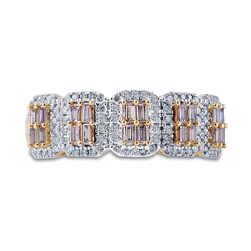 0.63 ct. Gesamtgewicht Fashion-Ring mit Champagner- und weißen Diamanten im Baguette- und Rundschliff in 10K Gelbgold