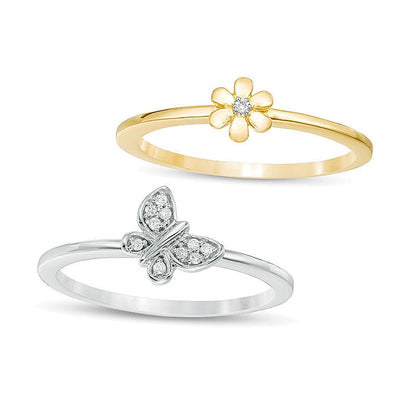 0,05 ct. Gesamtgewicht Diamant Blume und Schmetterling zweiteiliges stapelbares Ring-Set in 10K Gold zweifarbig