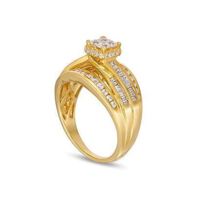 1.0 ct. Gesamtgewicht Verlobungsring mit Diamanten im Princess- und Rundschliff, Bypass mit doppelter Reihe, in 10K Gelbgold