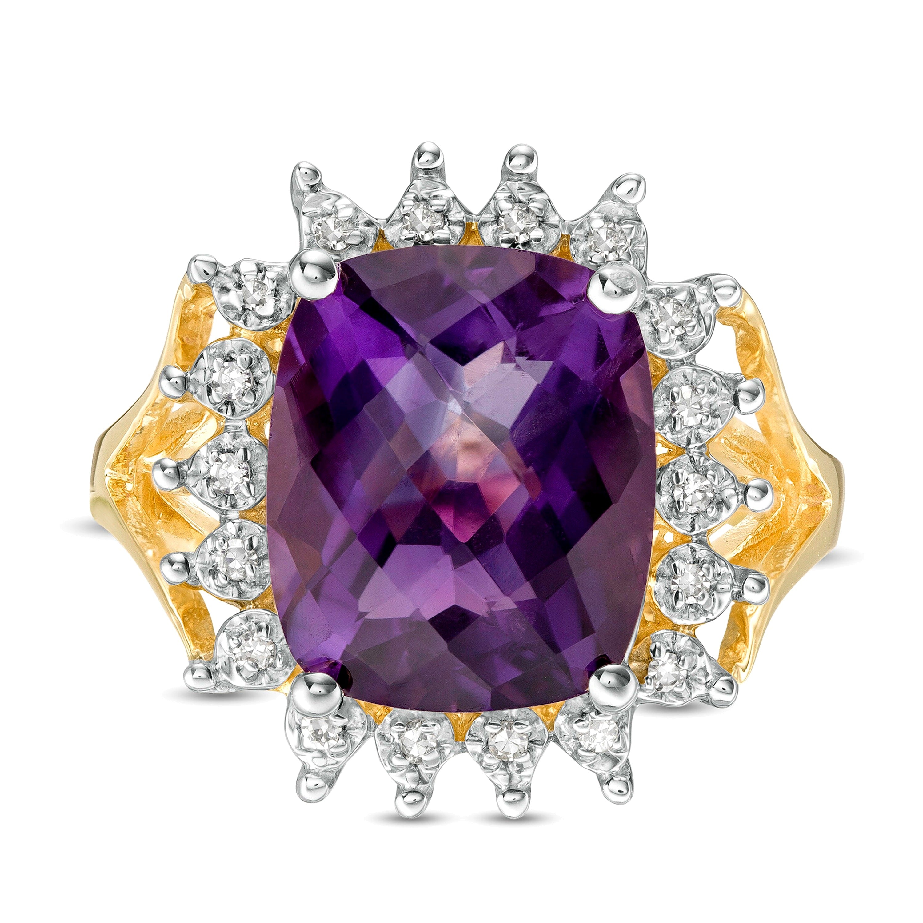 Cocktail-Ring mit Amethyst im Kissenschliff und Diamanten 0,1 ct. Gesamtgewicht in 10K Gelbgold
