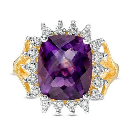Cocktail-Ring mit Amethyst im Kissenschliff und Diamanten 0,1 ct. Gesamtgewicht in 10K Gelbgold