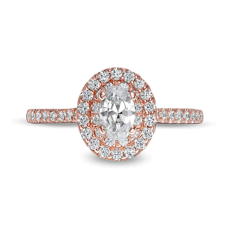 0.88 ct. Gesamtgewicht Verlobungsring mit ovalem Diamant und doppeltem Halo in 10K Roségold