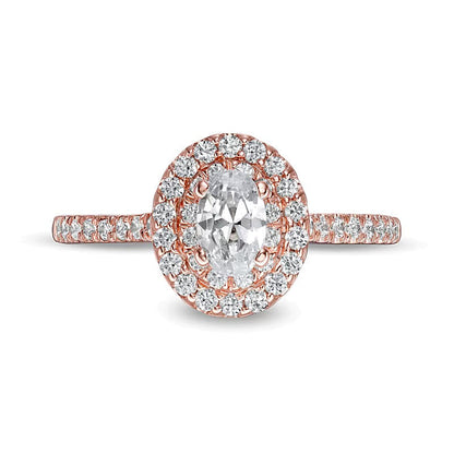 0.88 ct. Gesamtgewicht Verlobungsring mit ovalem Diamant und doppeltem Halo in 10K Roségold
