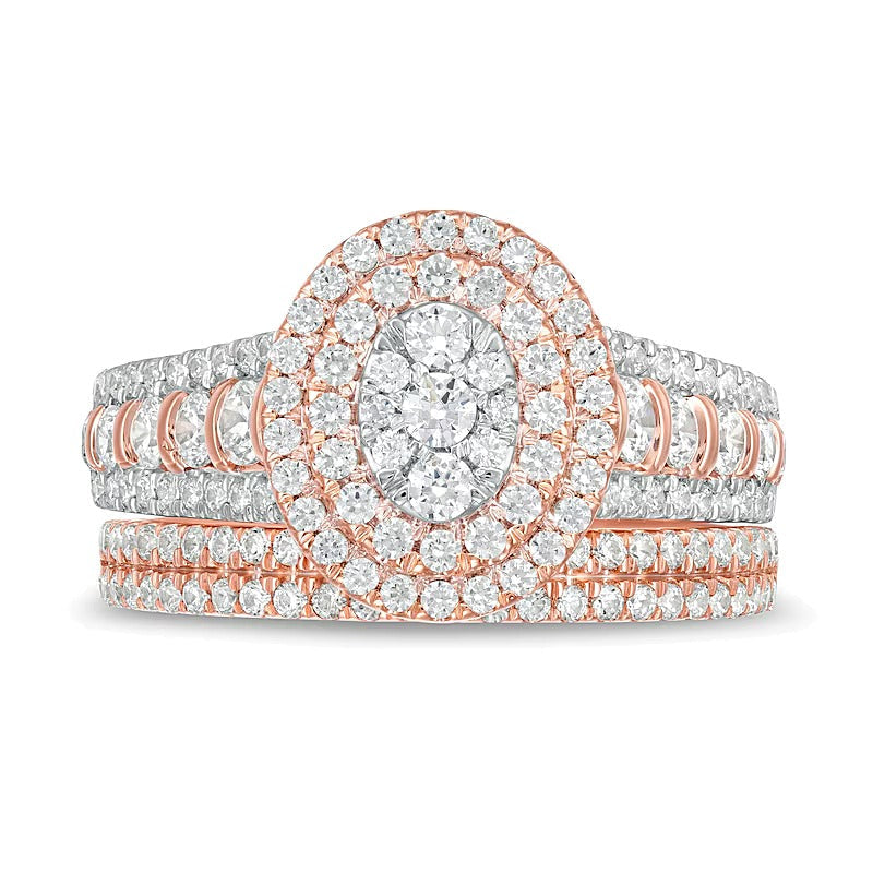 Braut-Set mit Komposit-Diamanten 1.5 ct. Gesamtgewicht, doppelter ovaler Rahmen, mehrreihig, in 10K Roségold