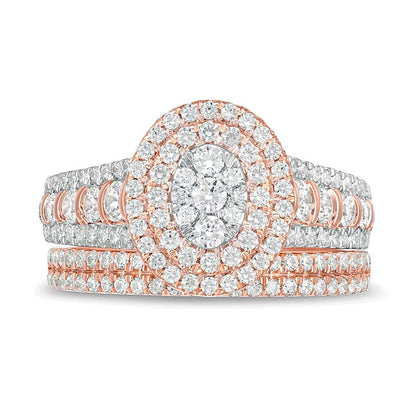Braut-Set mit Komposit-Diamanten 1.5 ct. Gesamtgewicht, doppelter ovaler Rahmen, mehrreihig, in 10K Roségold
