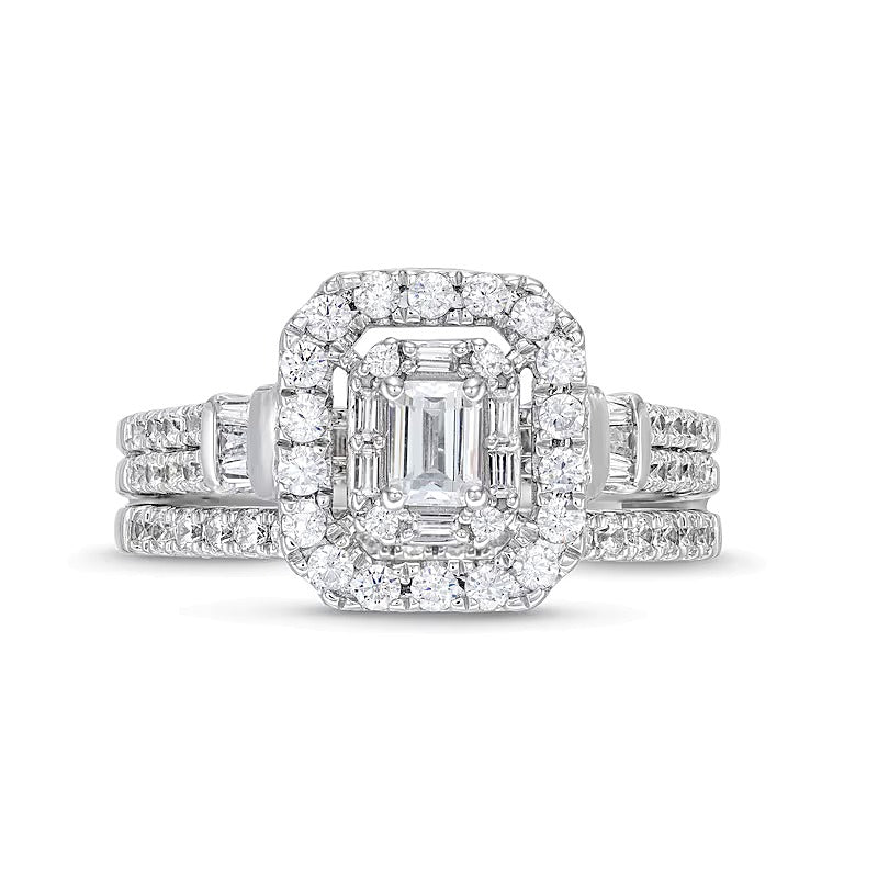 Braut-Set mit Diamanten im Smaragdschliff, zweireihig, 1.0 ct. Gesamtgewicht, in 10K Weißgold