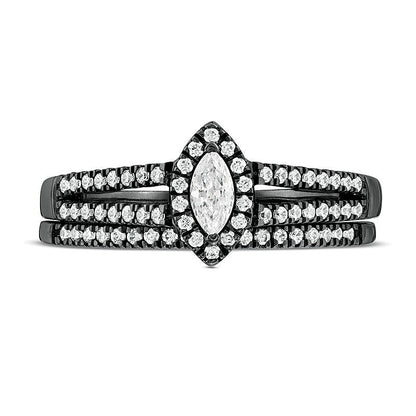 Braut-Set mit Diamanten im Marquise- und Rundschliff 0,38 ct. Gesamtgewicht mehrreihig in 10K Weißgold mit schwarzem Rhodium
