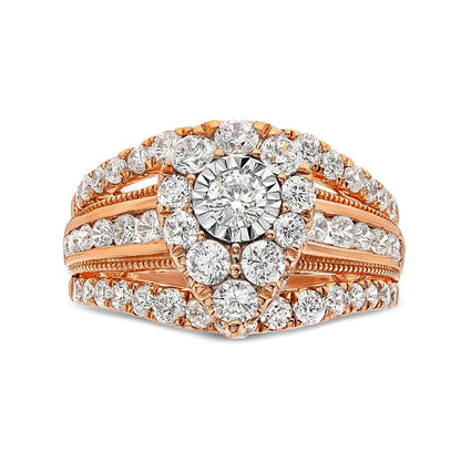 2.0 ct. Gesamtgewicht Verlobungsring mit weißen Diamanten im Tropfen- und Rundschliff, mehrreihige Schiene im Vintage-Stil, 10K Roségold