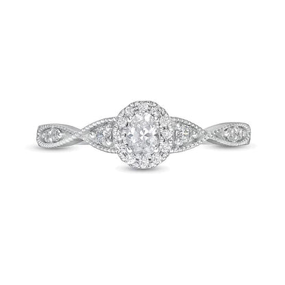 0.33 ct. Gesamtgewicht Verlobungsring mit Halo, ovalem Diamant und gedrehter Ringschiene in 14K Weißgold (I/SI2)