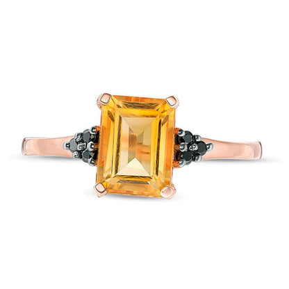 Freundschaftsring für Damen mit Citrin im Smaragdschliff und 0,05 ct. Gesamtgewicht schwarzen Diamanten in 10K Roségold