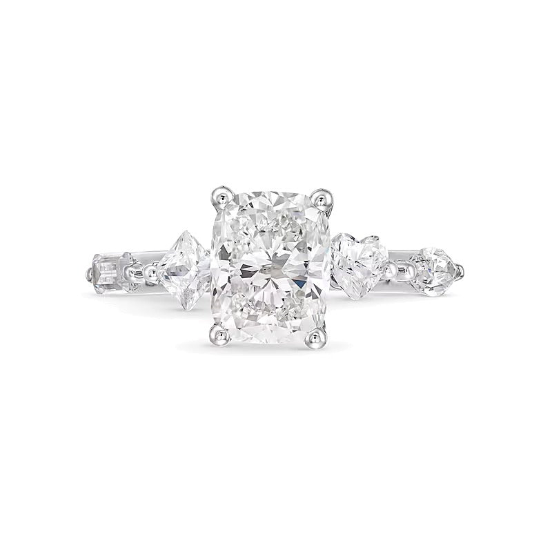 Solitär mit seitlichem Besatz aus 14K Weißgold mit Labordiamanten im Kissenschliff, weiß (F/VS2), 3.0 ct. Gesamtgewicht