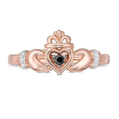 0,05 ct. Gesamtgewicht behandelter schwarzer und weißer Diamant Claddagh-Ring in 10K Roségold