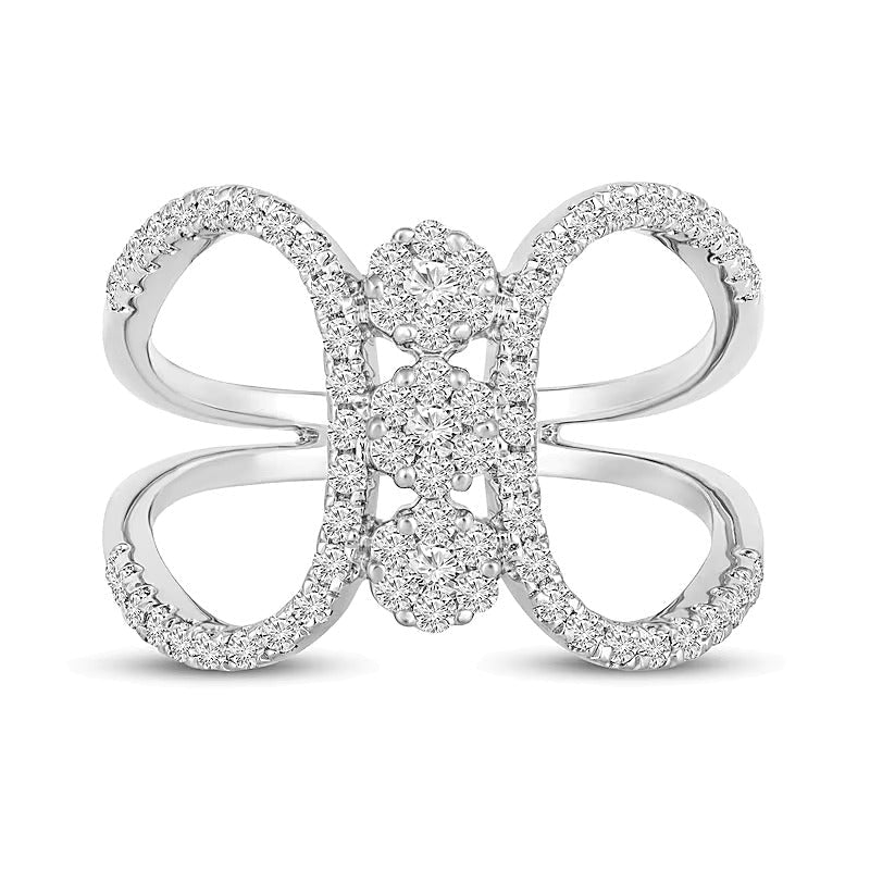 0.63 ct. Gesamtgewicht Multi-Diamant Ring mit linearen Blüten und offener Ringschiene aus 10K Weißgold