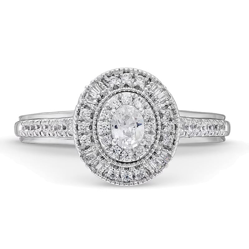 0,38 ct. Gesamtgewicht Verlobungsring mit ovalem Diamanten im Vintage-Stil mit doppeltem Halo aus Sterlingsilber