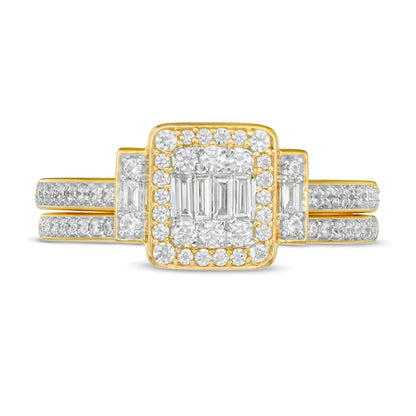 Braut-Set mit Diamanten im Baguette- und Rundschliff 0.5 ct. Gesamtgewicht in 10K Gelbgold
