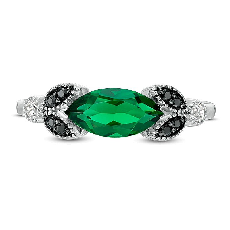 Fashion-Ring Blätter mit Marquise-Smaragd (Labor) und 0,1 ct. Gesamtgewicht behandelten schwarzen und weißen Diamanten in 10K Weißgold