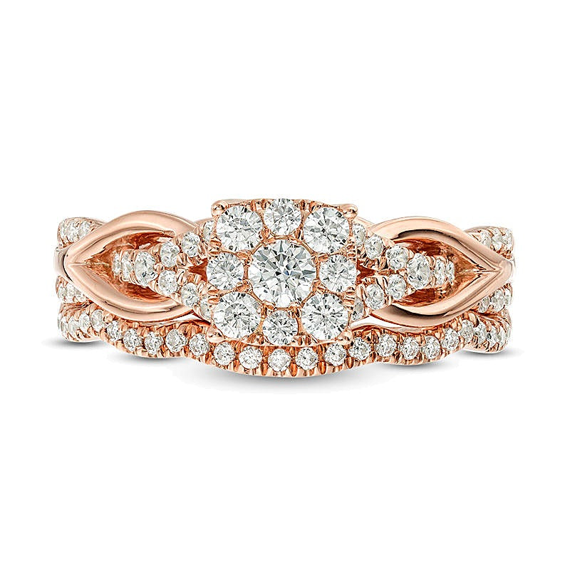 0,63 ct. Gesamtgewicht Diamant Braut-Set mit quadratischem Rahmen und Knoten-Schiene in 14K Roségold