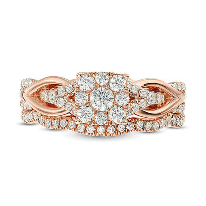 0,63 ct. Gesamtgewicht Diamant Braut-Set mit quadratischem Rahmen und Knoten-Schiene in 14K Roségold