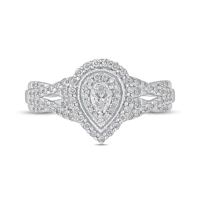 0,5 ct. Gesamtgewicht Halo-Verlobungsring mit tropfenförmigem Diamant im Vintage-Stil, mehrreihig, in 10K Weißgold
