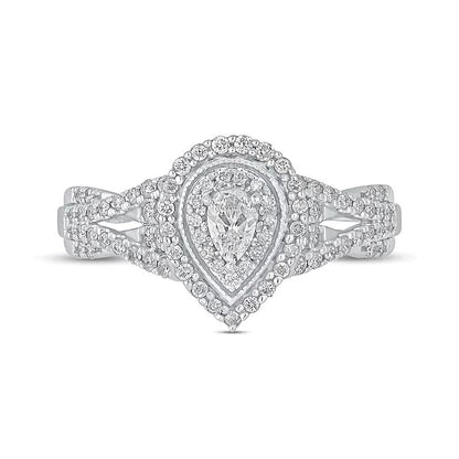 0,5 ct. Gesamtgewicht Halo-Verlobungsring mit tropfenförmigem Diamant im Vintage-Stil, mehrreihig, in 10K Weißgold