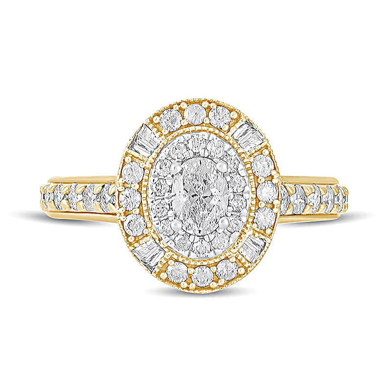 1.0 CT. Gesamtgewicht Verlobungsring im Vintage-Stil mit ovalem Diamant und Halo in 14K Gelbgold