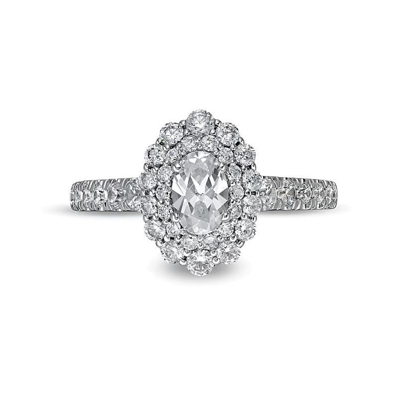 1.5 CT. Gesamtgewicht Verlobungsring mit ovalem Diamant und Halo in 14K Weißgold (I/SI2)