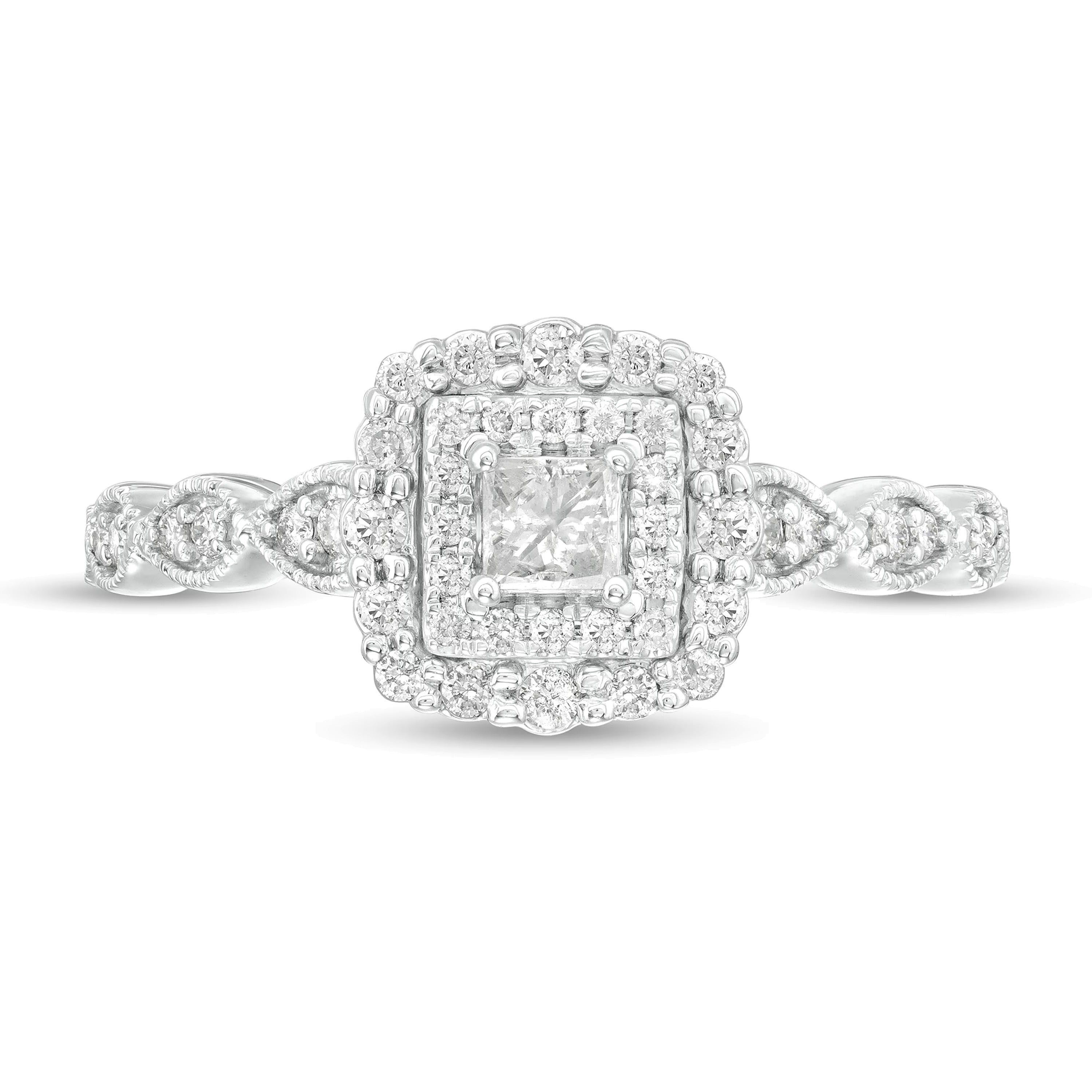 0.38 ct. Gesamtgewicht Verlobungsring mit Diamanten im Princess- und Rundschliff, Halo, im Art-déco-Vintage-Stil, in 10K Weißgold