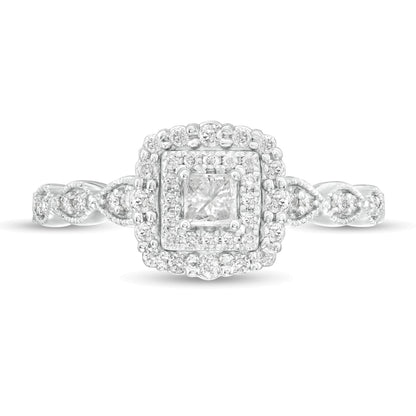 0.38 ct. Gesamtgewicht Verlobungsring mit Diamanten im Princess- und Rundschliff, Halo, im Art-déco-Vintage-Stil, in 10K Weißgold